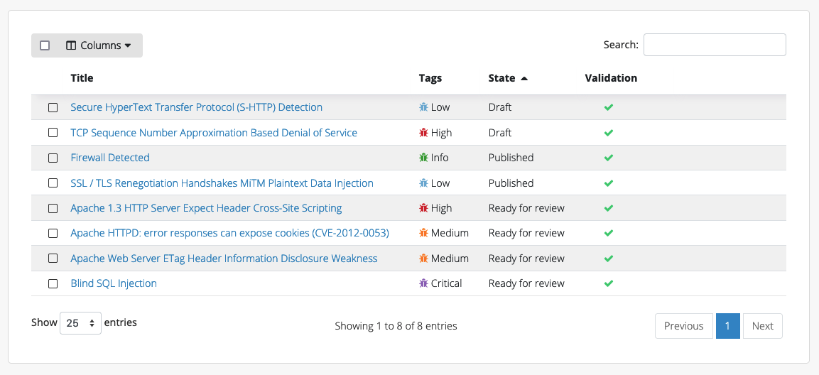 Screenshot showing how you can review/approve Issues and Content Blocks before including them in pentest reports.