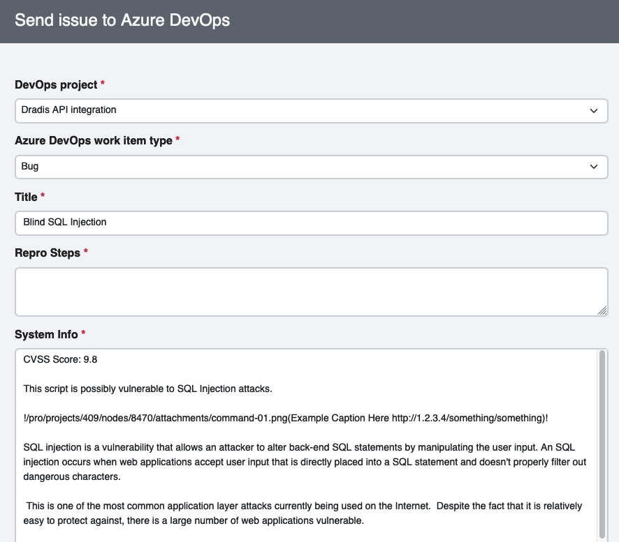 Screenshot of an issue being mapped to Azure DevOps