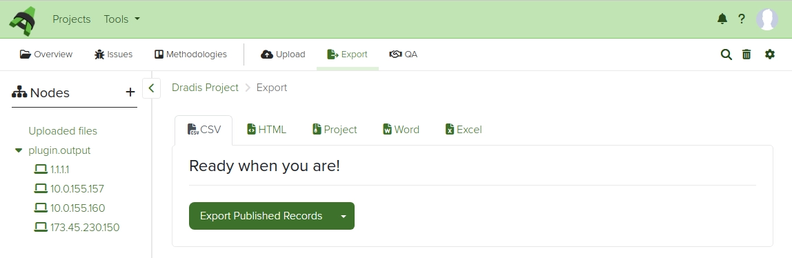 Screenshot of Dradis CE Export Manager view