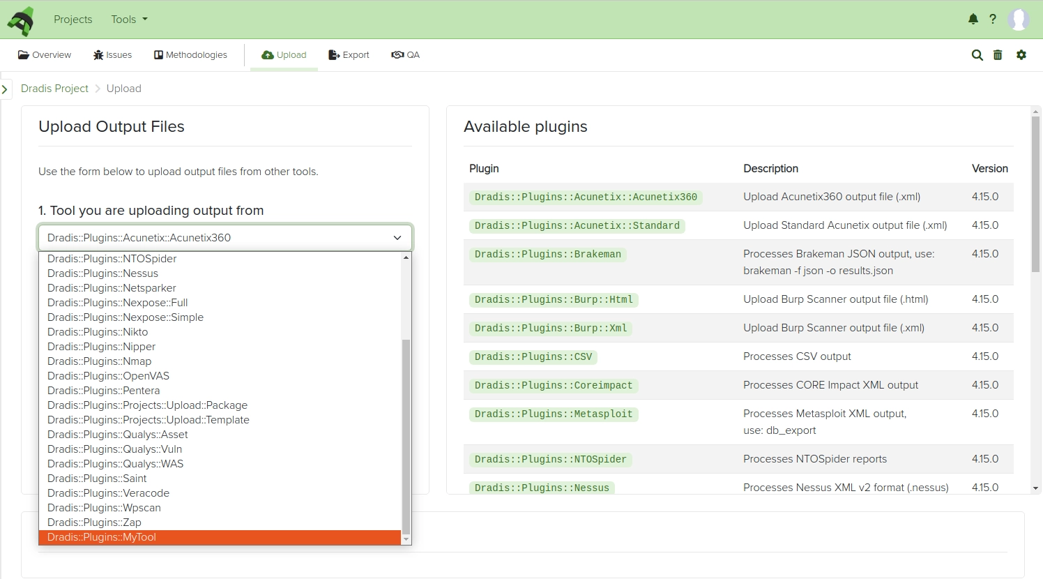 Screenshot of Dradis CE custom tool upload view