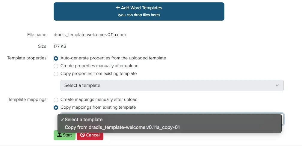 Screenshot of the Dradis template upload view