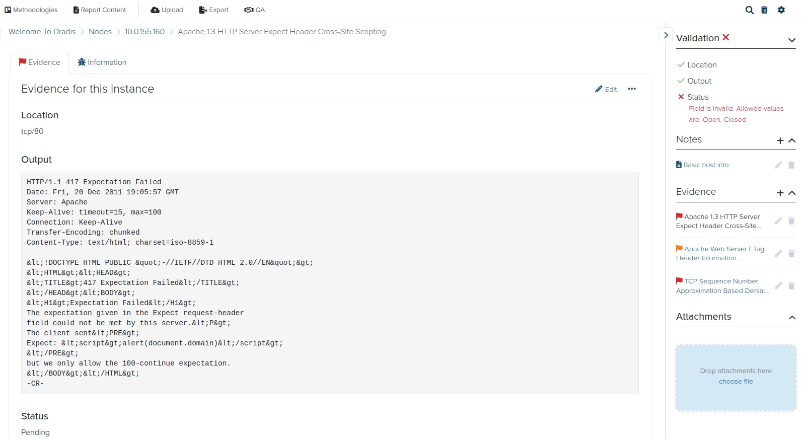 Screenshot of the Dradis failed Evidence validation view