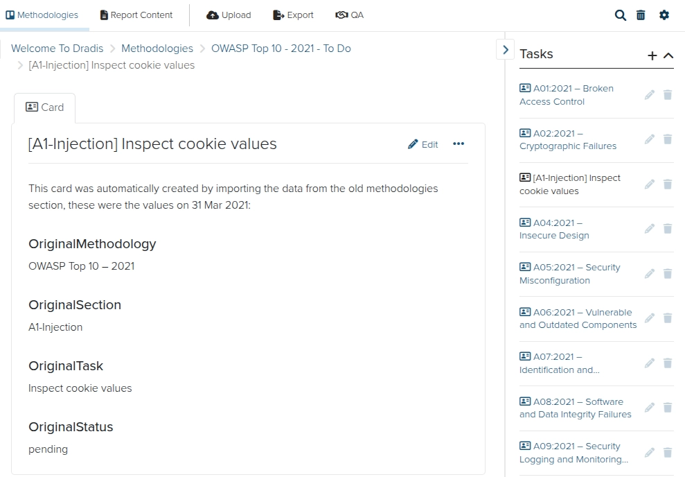 Screenshot of the Dradis old-style Methodology task view