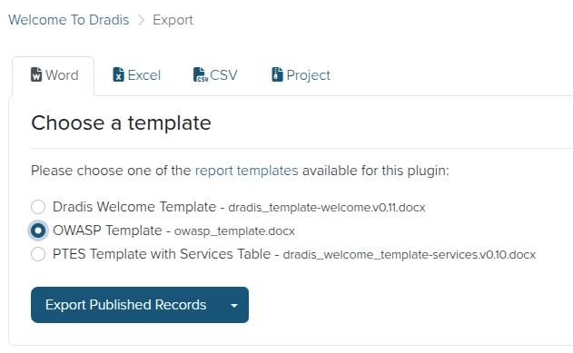 Screenshot of the Dradis Word report export view