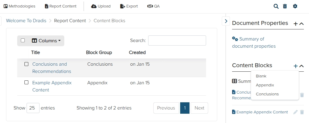 Screenshot of the Dradis Content Block addition view