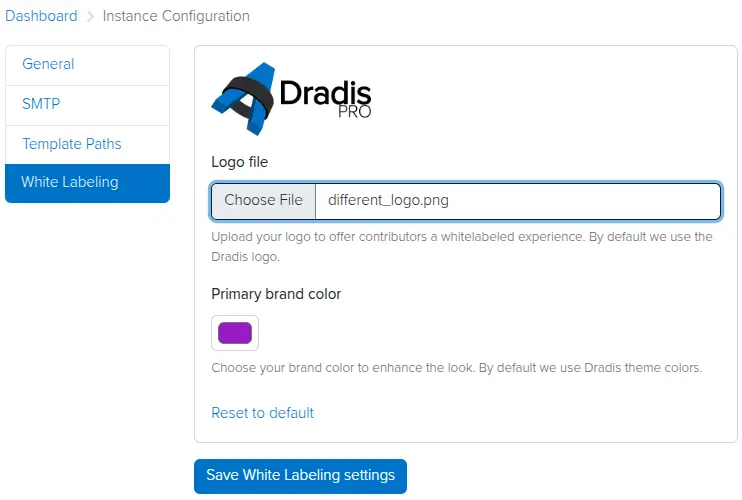 Screenshot of the Dradis white labeling view