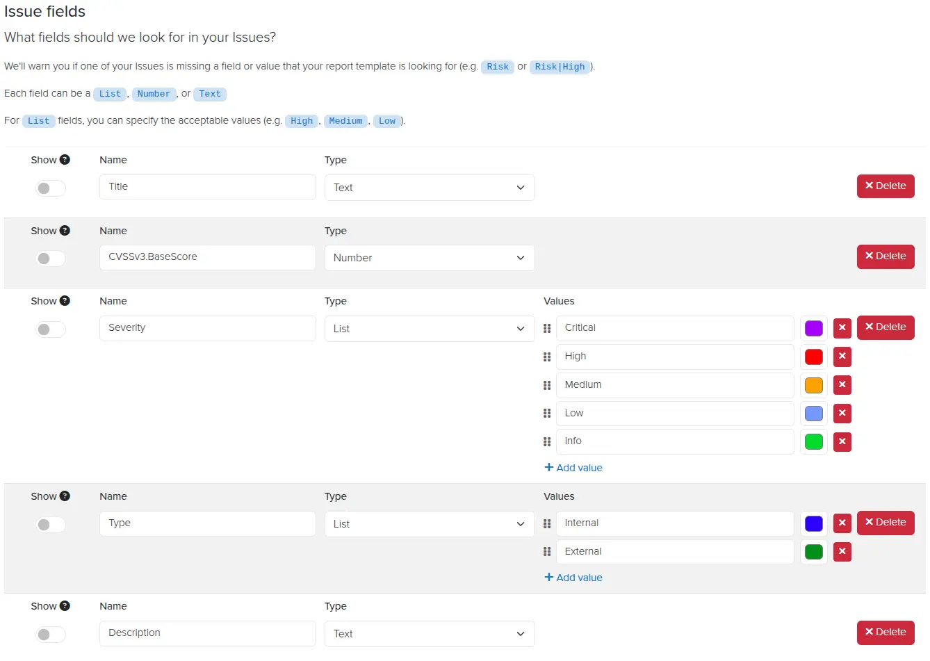 Dradis Issue fields defined as Text, Number, and List