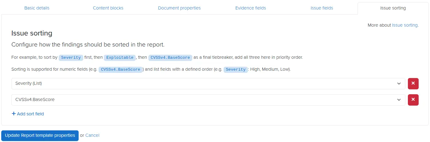 Dradis Issue sorting section with list and numeric fields
