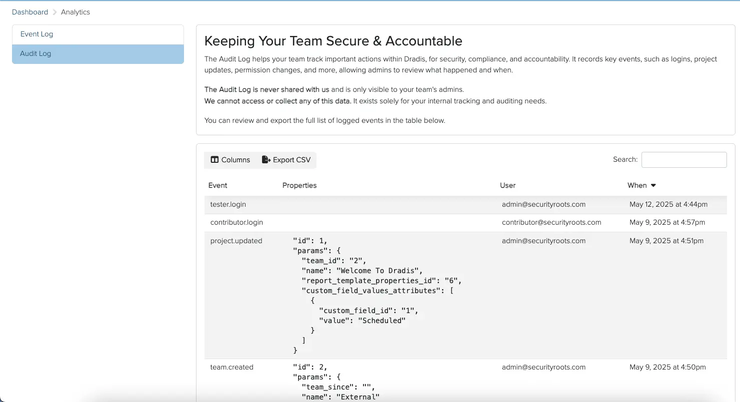 Screenshot of the Dradis Audit view