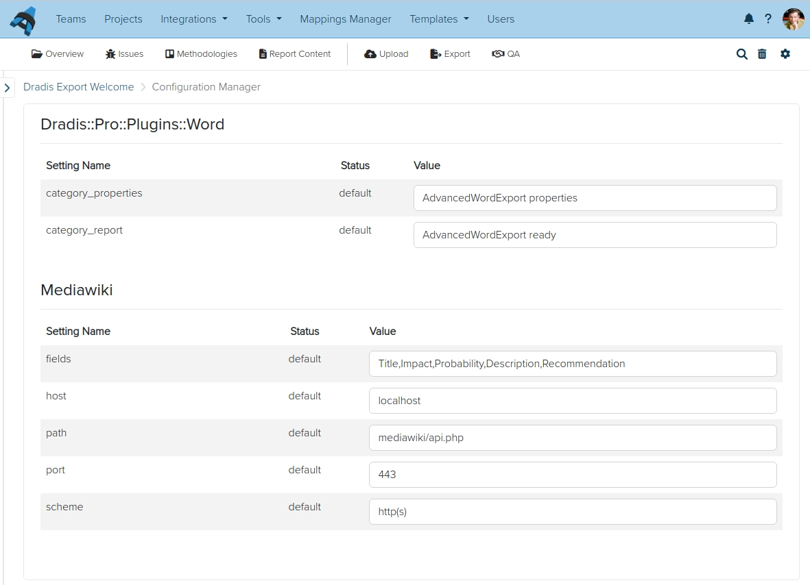 Screenshot of Dradis Configuration Manager view