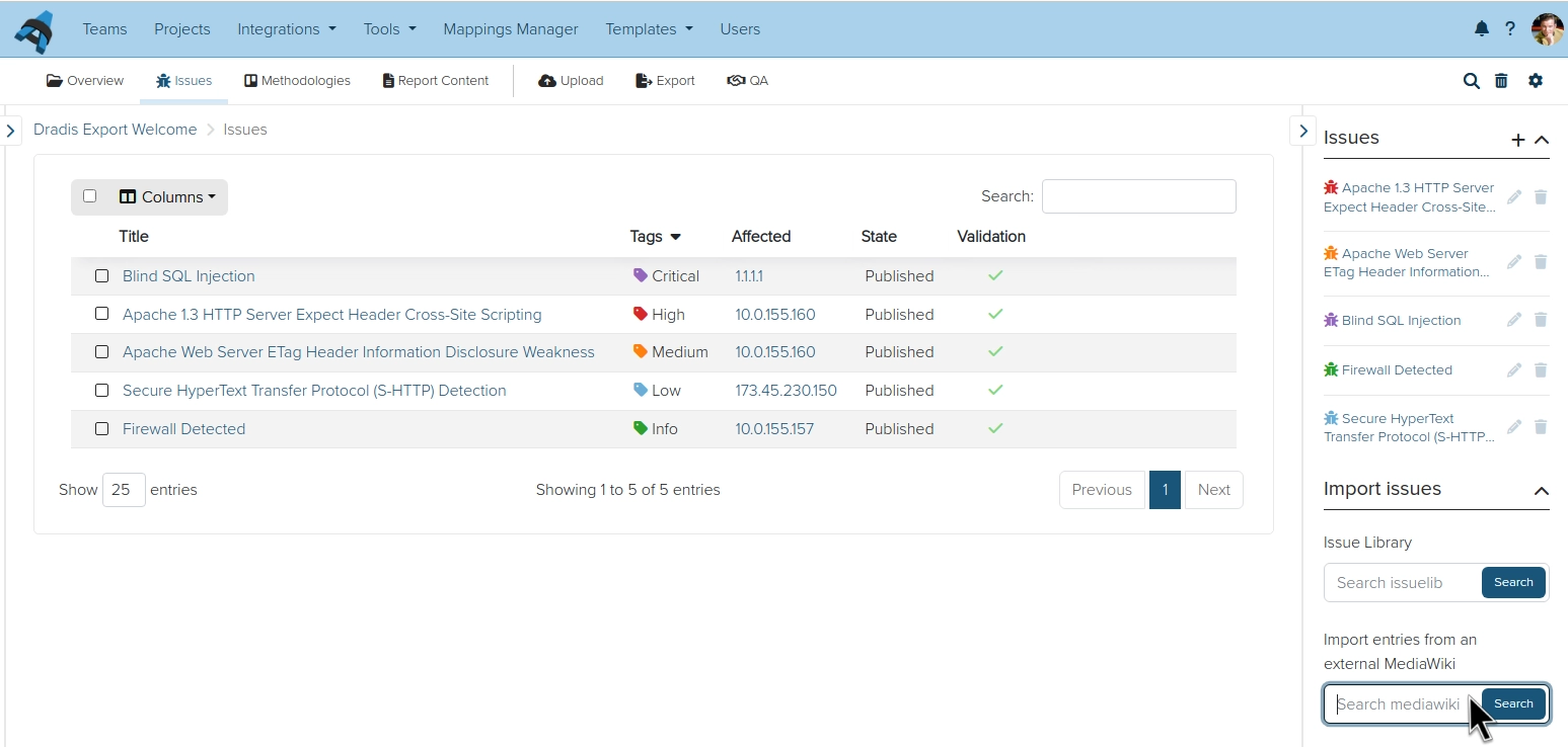 Screenshot of Dradis Issues tab view