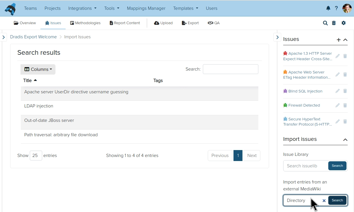 Screenshot of the Dradis Issues tab with the MediaWiki importing search bar filled in