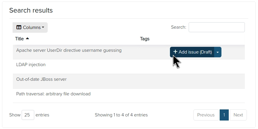 Screenshot of search results in Dradis MediaWiki importing