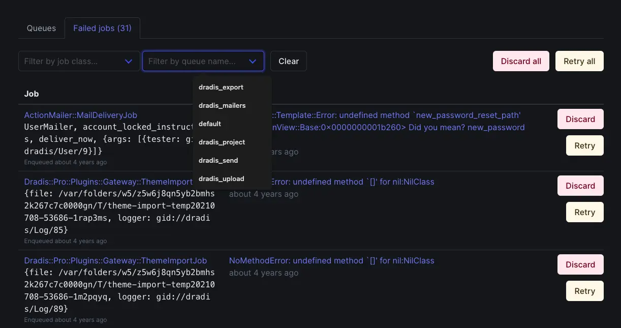 Screenshot of the Dradis Jobs view