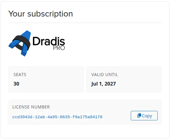 Dradis portal subscription panel showing seats and license number
