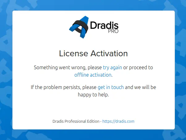 Screenshot of Dradis activation failure