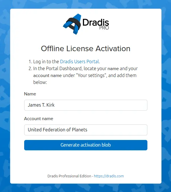 Screenshot of Dradis offline activation