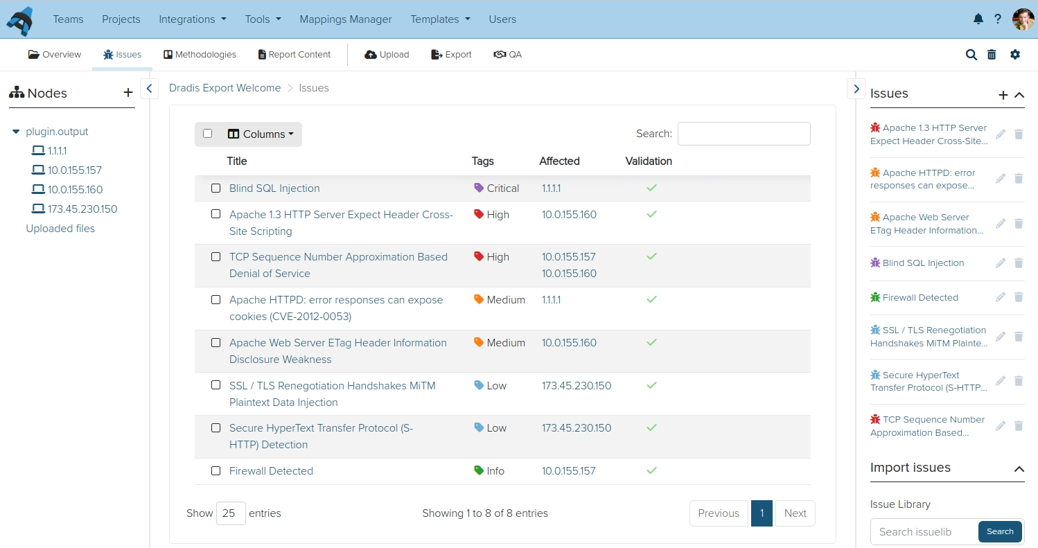 Screenshot of Dradis Issues view