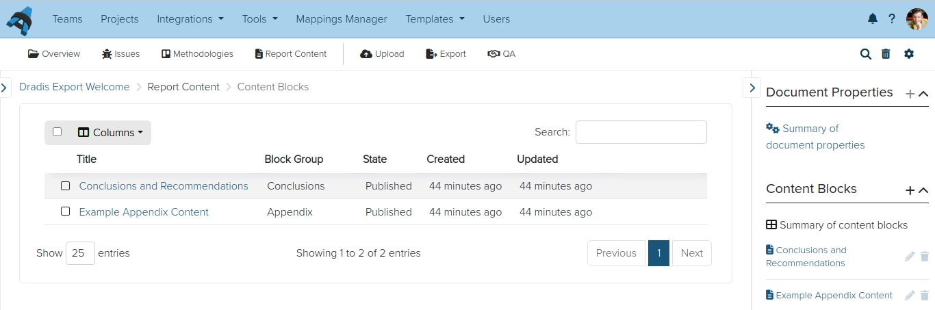 Screenshot of Dradis Content Blocks view