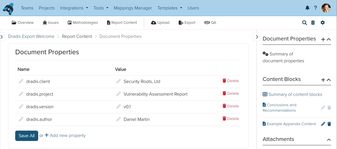 Screenshot of Dradis Document Properties view