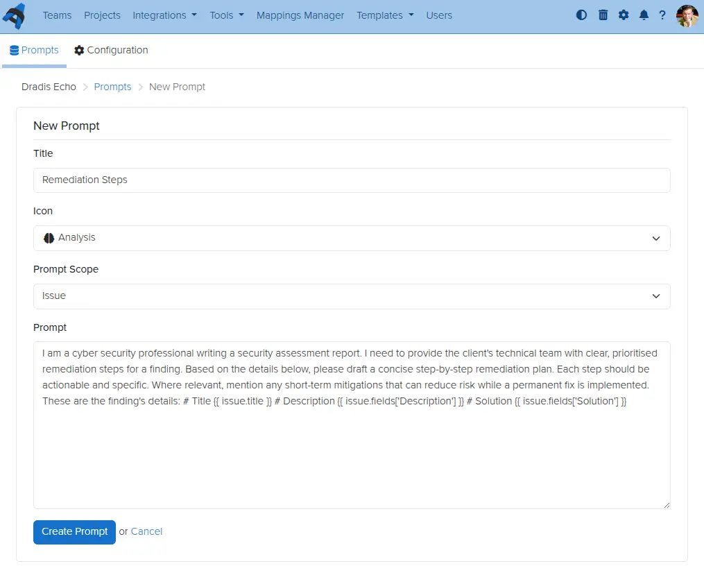 Screenshot of the Dradis Echo Prompt creation view