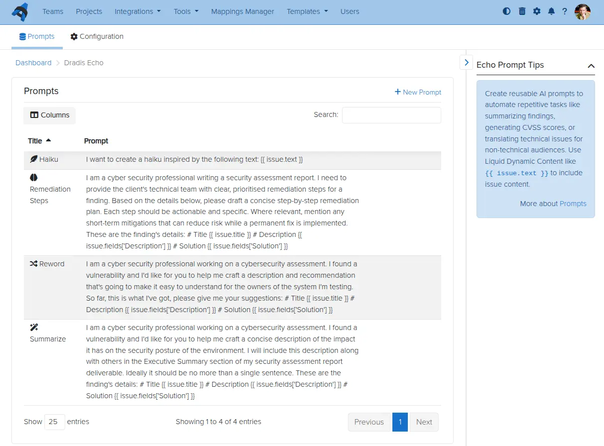 Screenshot of the Dradis Echo Prompts view