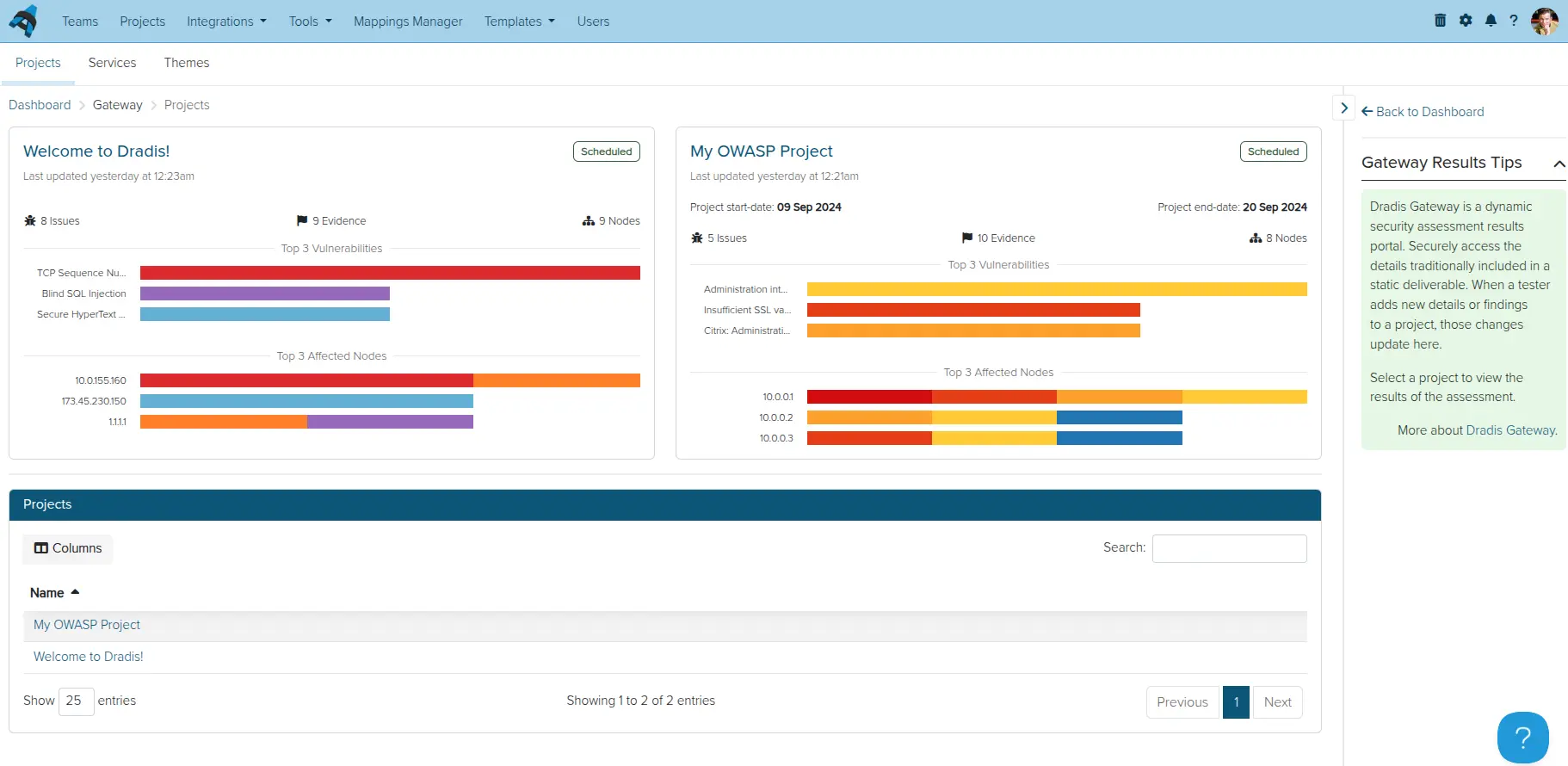 Screenshot of the Dradis Gateway projects view