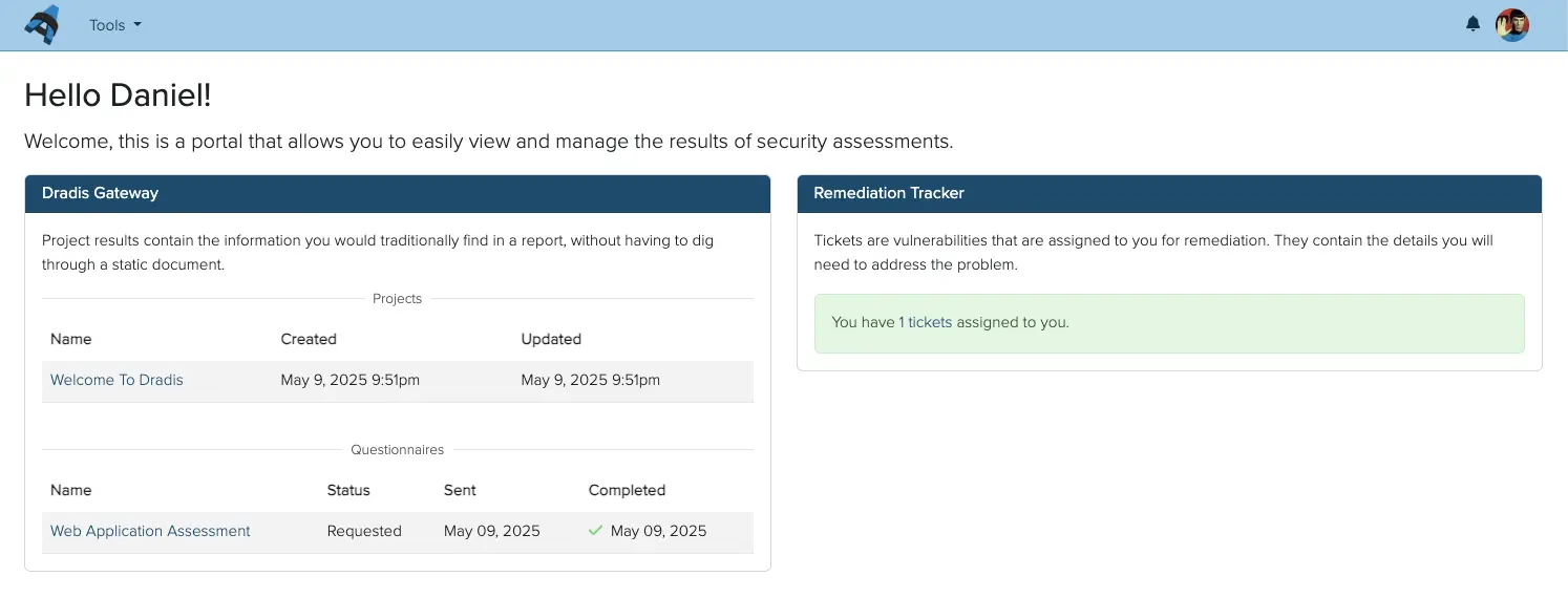 Screenshot of the Dradis Gateway dashboard view