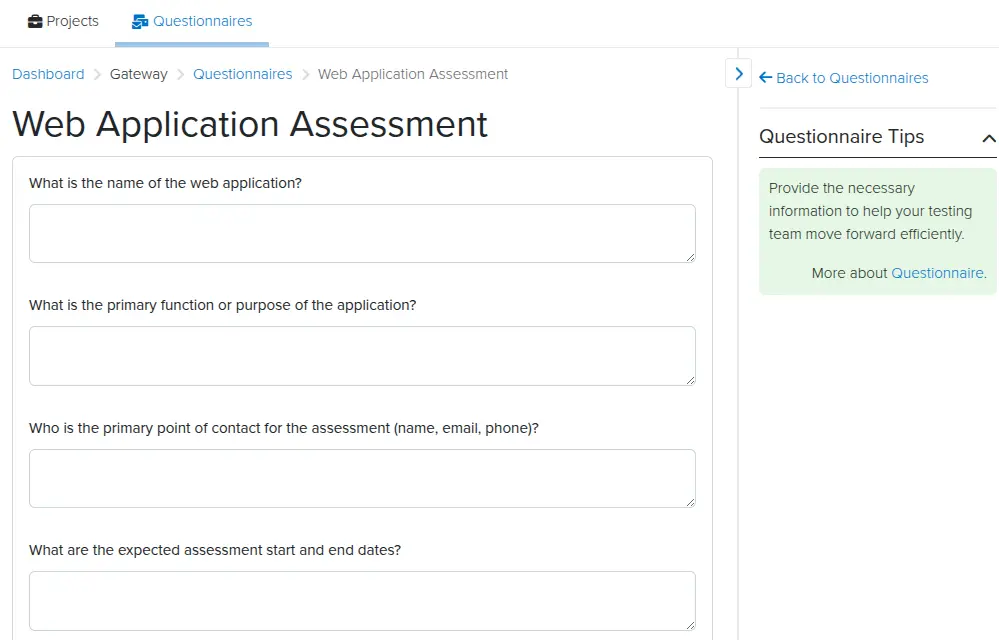 Screenshot of the Dradis Gateway questionnaire edit view
