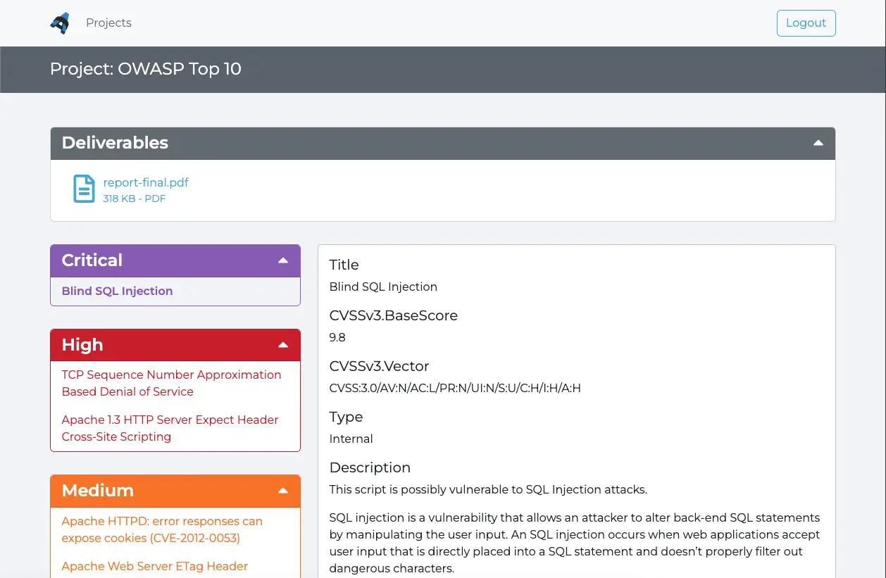 Screenshot of a project using the Dradis Gateway Ares theme