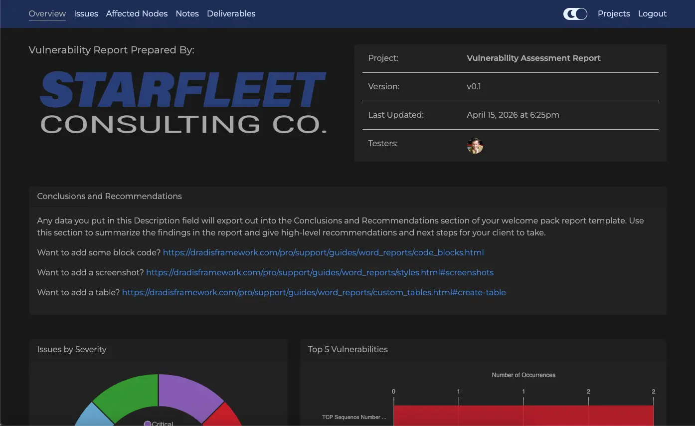Screenshot of a project using the Dradis Gateway Atlantia theme