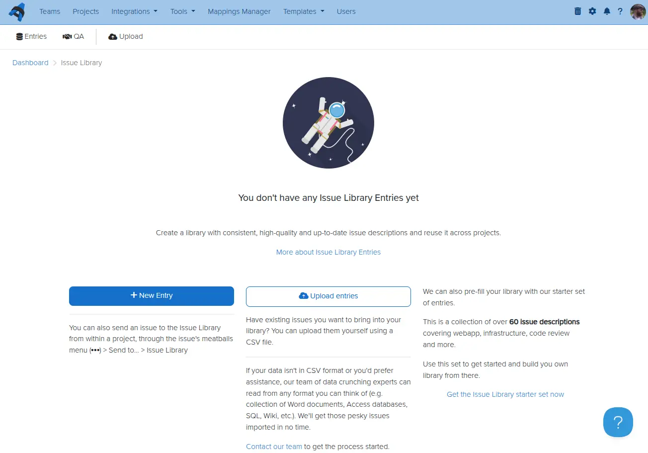Screenshot of the Dradis IssueLibrary dashboard view
