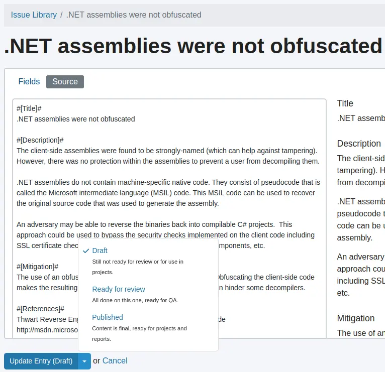 IssueLibrary entry state selection