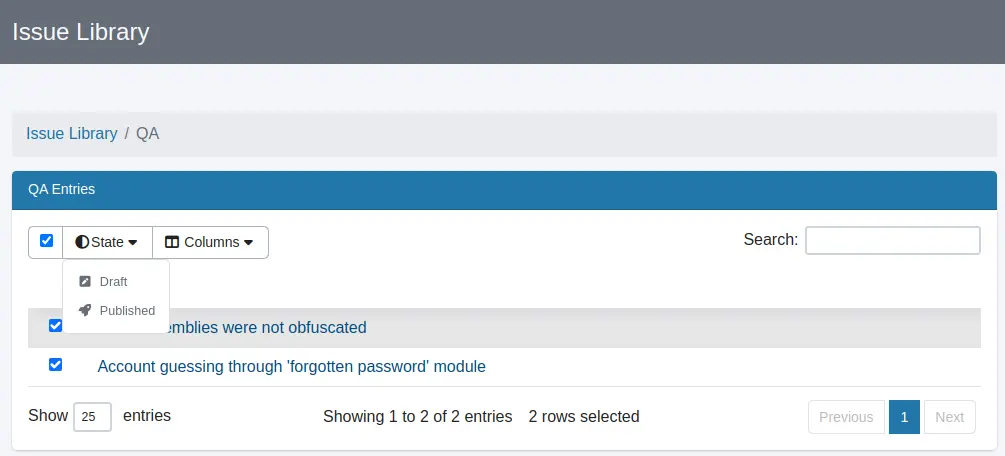 IssueLibrary entry state change QA view summary table