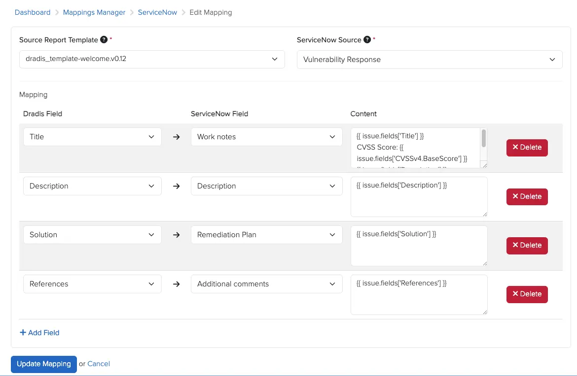 Create ServiceNow Mapping form mapping Dradis fields to ServiceNow fields