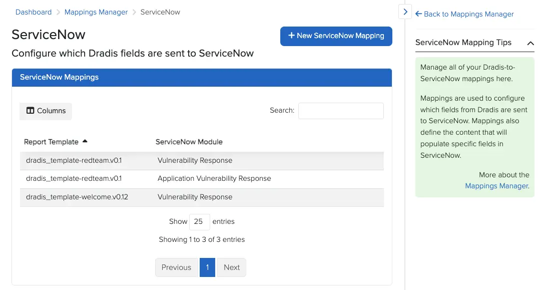 ServiceNow Mappings list in the Dradis Mappings Manager