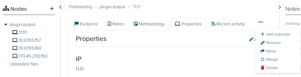 Screenshot of adding a node in Dradis