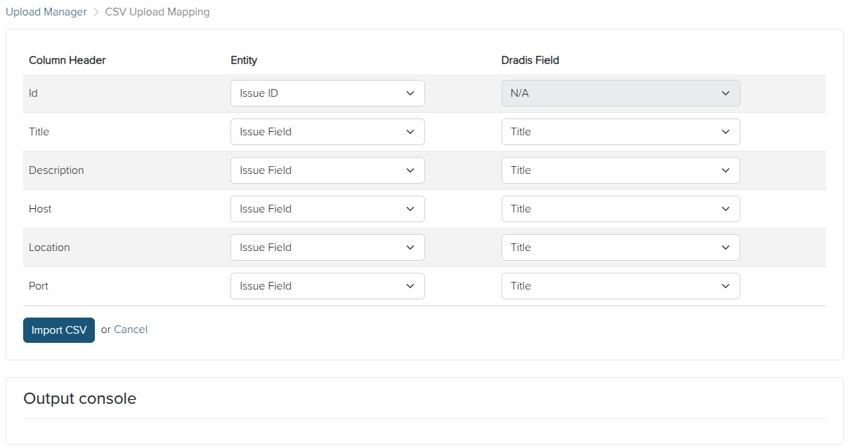 Screenshot of the Dradis CSV uploader mapping view