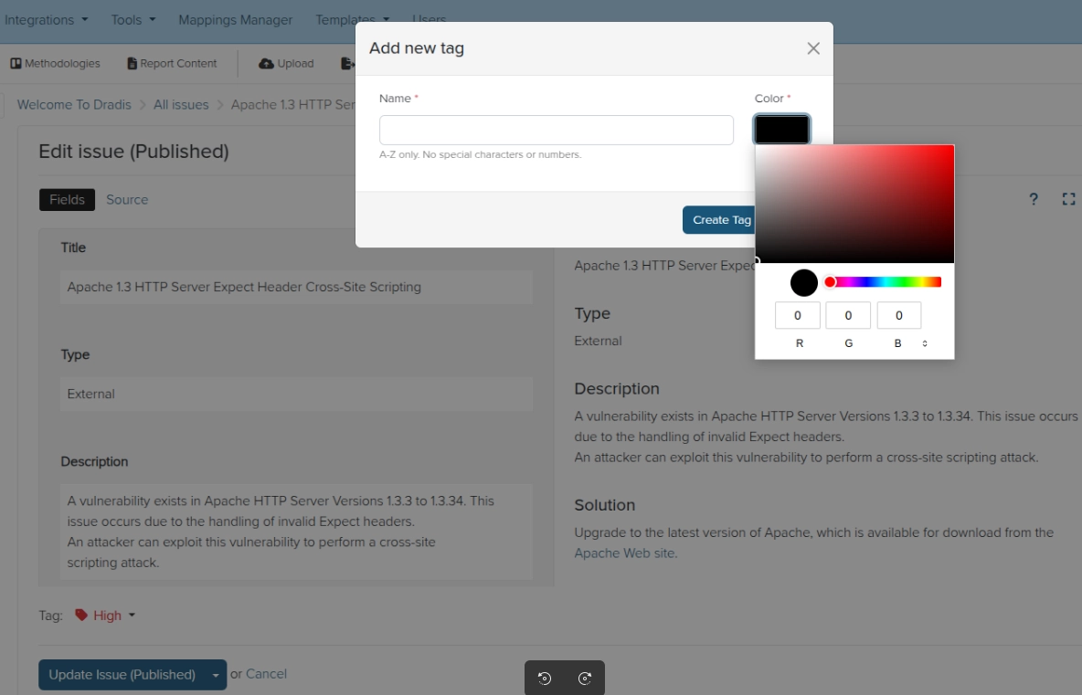 Screenshot of the Dradis Tag customisation view