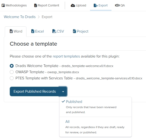 Screenshot of the Dradis Word export view