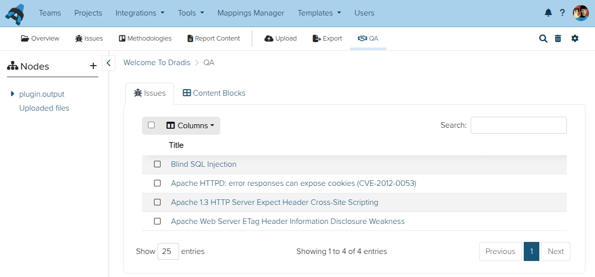 Screenshot of the Dradis Quality Assurance view