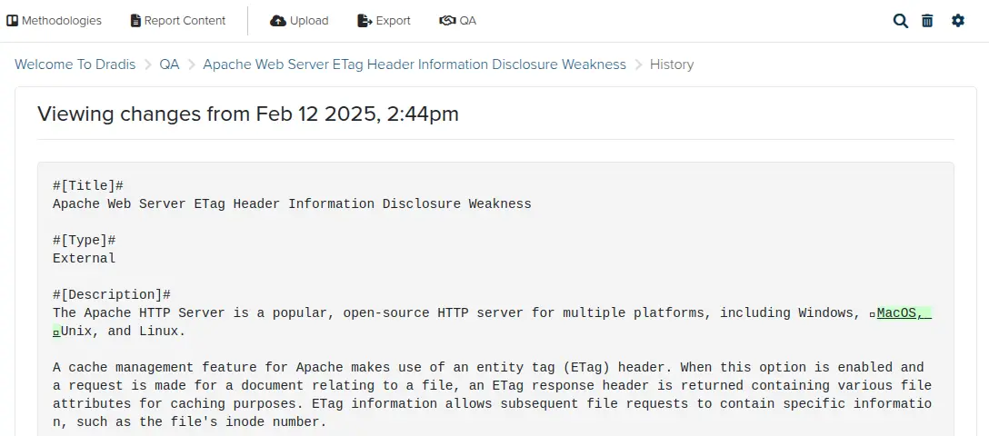 Screenshot of the Dradis QA Recent History view