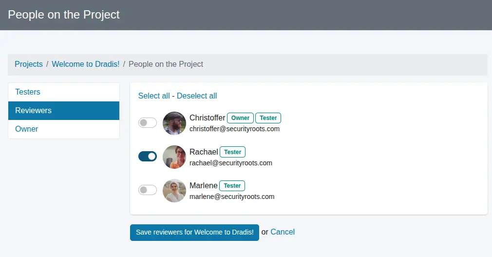 Screenshot of the Dradis Reviewers project tab