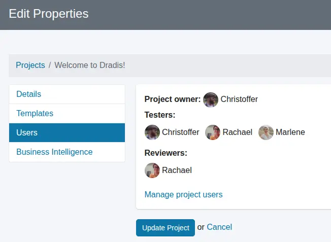 Screenshot of the Dradis Users project tab with a reviewer