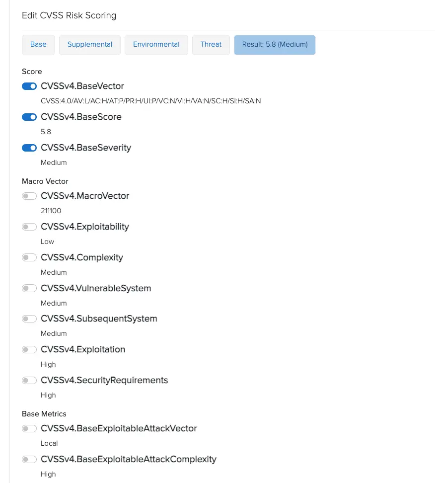 Dradis calculator result tab with switches