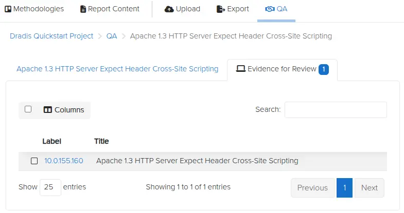 Viewing evidence to review for a Dradis issue in QA view
