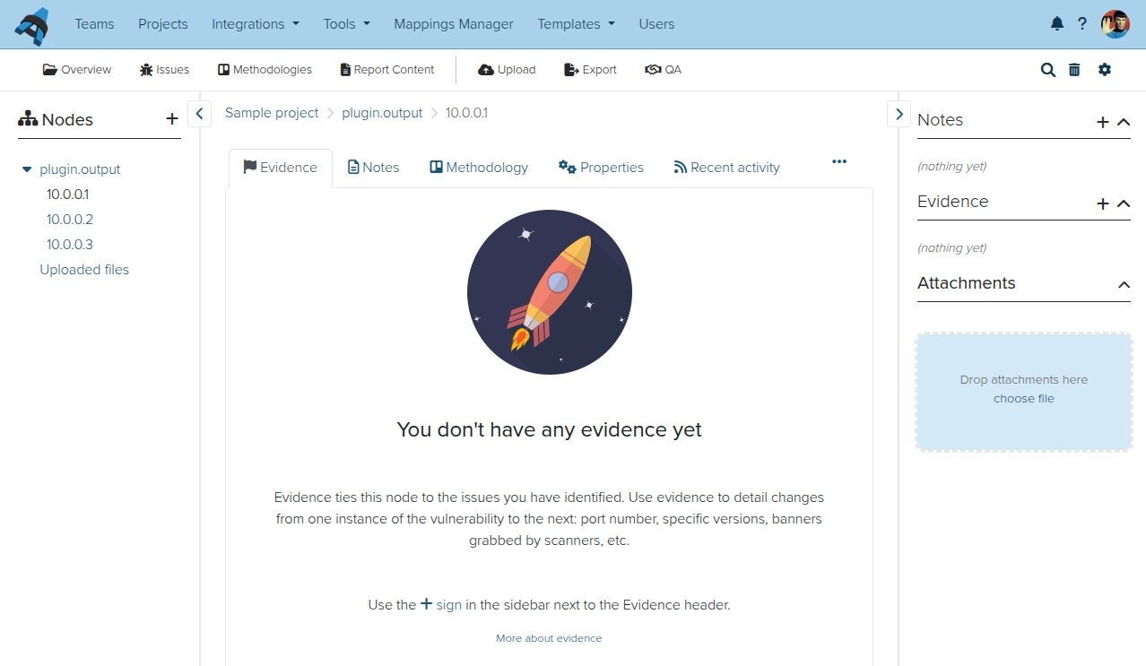 Screenshot of the Dradis empty Evidence view