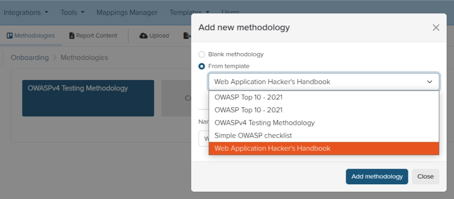 Screenshot of adding a methodology to Dradis