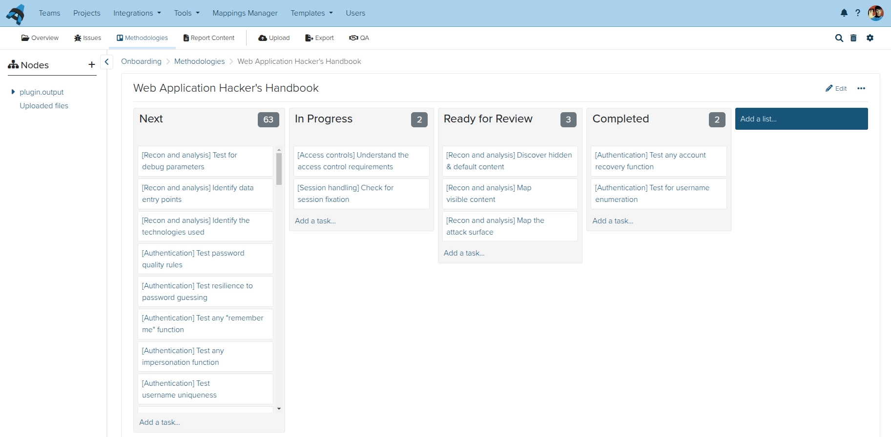 Screenshot of the Dradis Methodology view