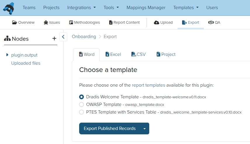 Screenshot of the Dradis Word export view